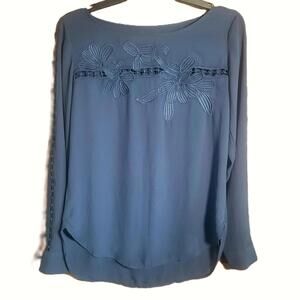 LOFT Women's Blue/Gray Floral Cutout Applique Long Sleeve Blouse- Size XS